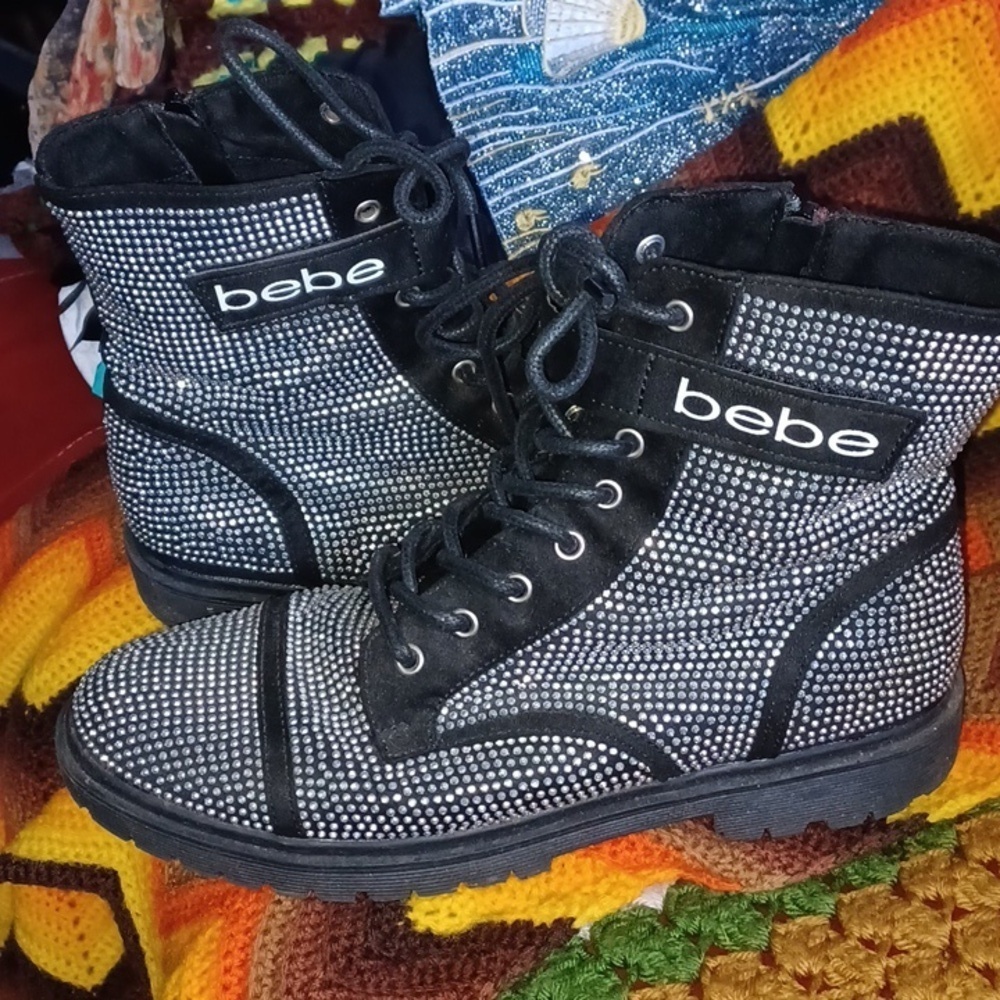Bebe Black Dayani rhinestone boots, Sz 8.5